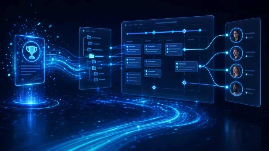 Optionales Onboarding-Formular → der Kunde füllt aus, ein KI-Agent legt CRM-Objekte, WorkDrive-Ordner, Zoho-Projekt und vorausgefüllte Verträge an — alles direkt im CRM verlinkt, ein Klick und du bist im Ordner.