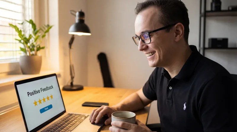 Zufriedene Geschäftsperson liest positive Support-Antwort auf dem Laptop