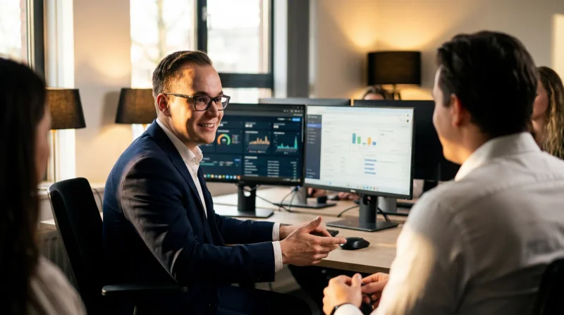 Kleines Support-Team mit Headsets und mehreren Monitoren mit Ticket-Dashboards