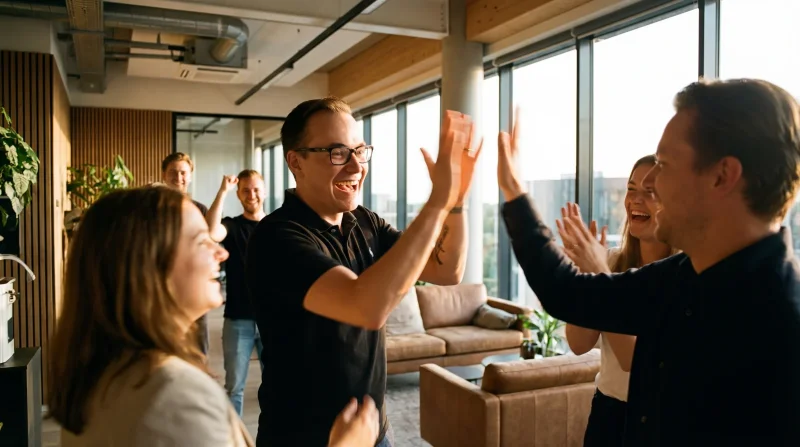 Kleines Team feiert erfolgreichen Software-Launch mit High-Five