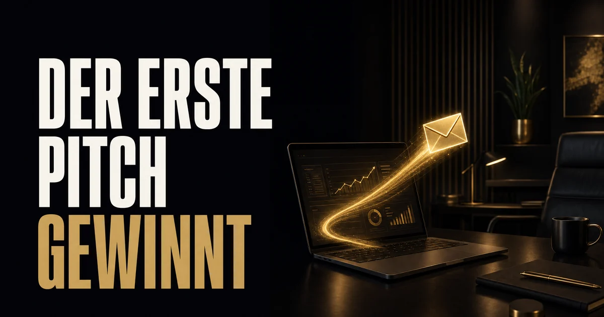 Der erste Pitch gewinnt: dunkles Agentur-Office am Abend, eine goldene Antwort verlässt den Bildschirm, bevor die Konkurrenz reagiert