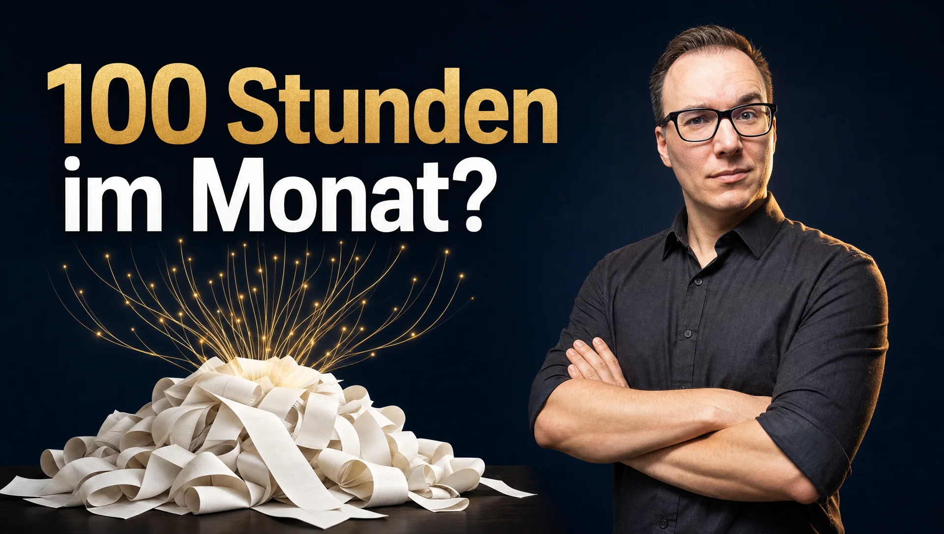 Denny Weber neben einem Belegstapel, der sich in goldene Datenlinien auflöst, mit der Frage: 100 Stunden im Monat?