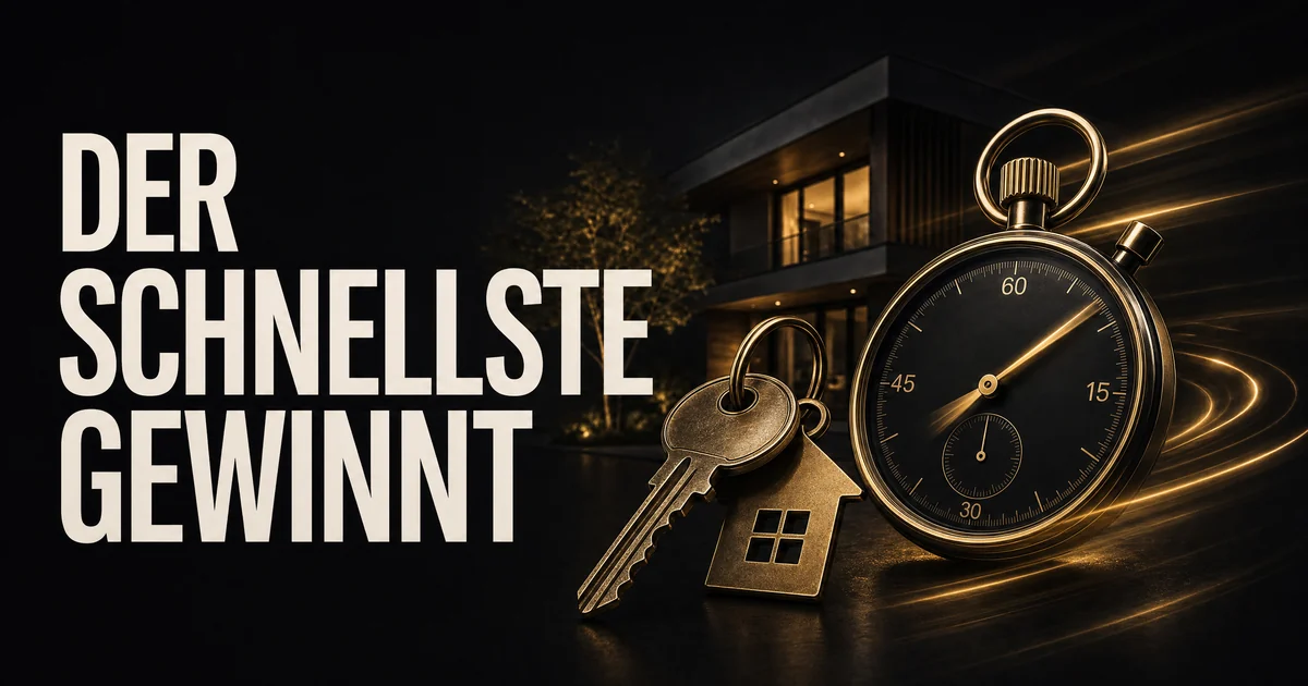 Der Schnellste gewinnt: modernes Mehrfamilienhaus am Abend, aus dem Anfragen als leuchtende Datenlinien zusammenlaufen