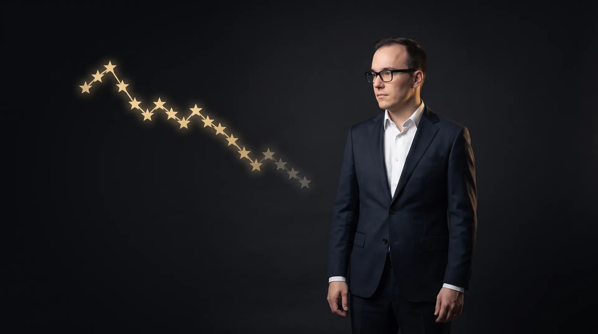 Denny Weber vor einer fallenden Kurve aus Bewertungssternen