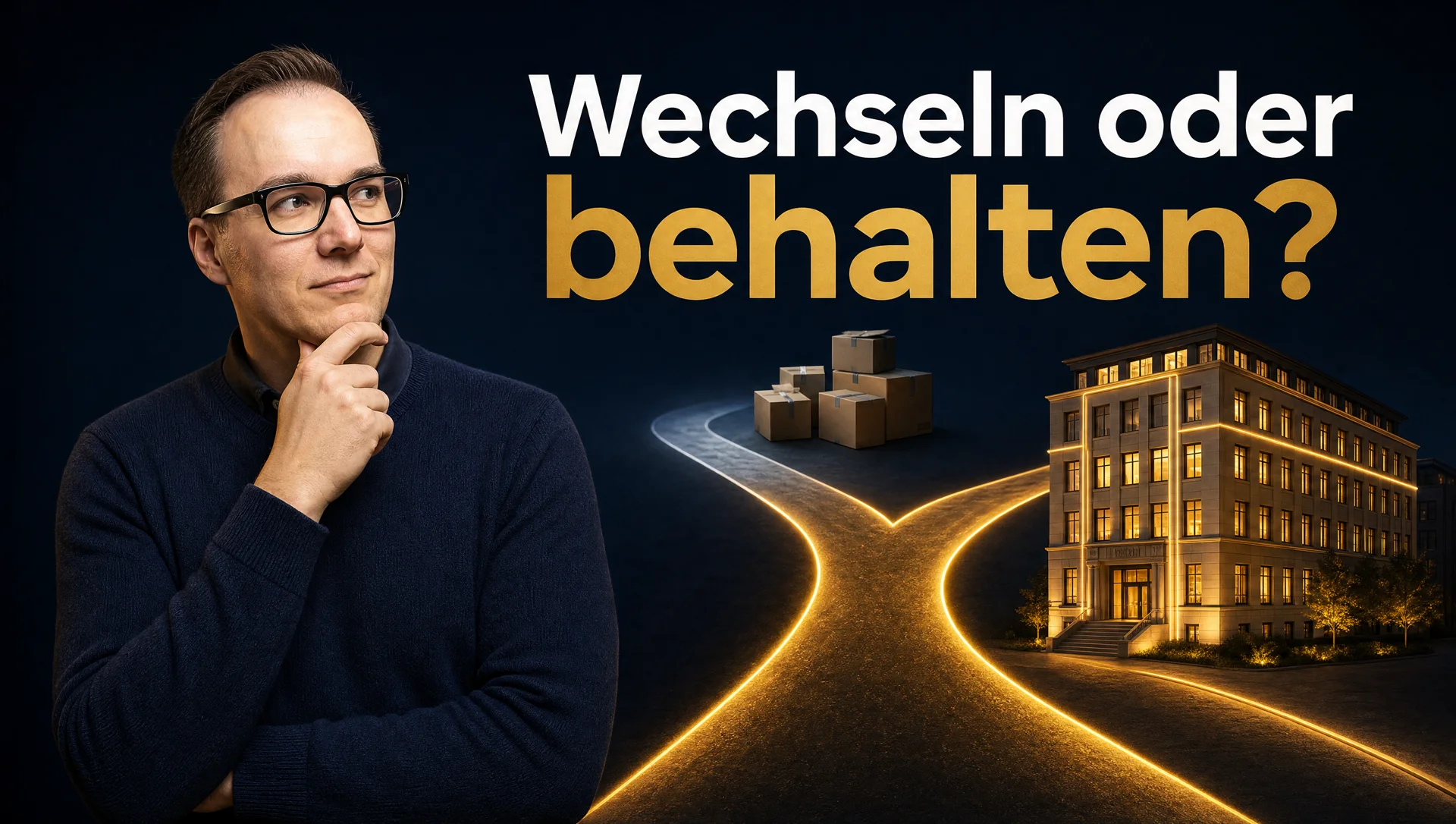 Denny Weber abwägend vor einer Strassengabelung: ein Weg führt zu Umzugskartons, der goldene Weg zum bestehenden Bürogebäude, dazu die Frage: Wechseln oder behalten?
