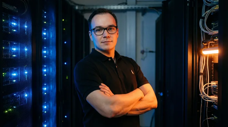 Kleiner Serverraum mit stimmungsvollem blauen Licht