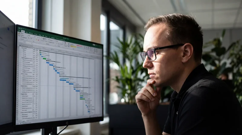 Projektmanager überprüft Gantt-Chart auf grossem Monitor