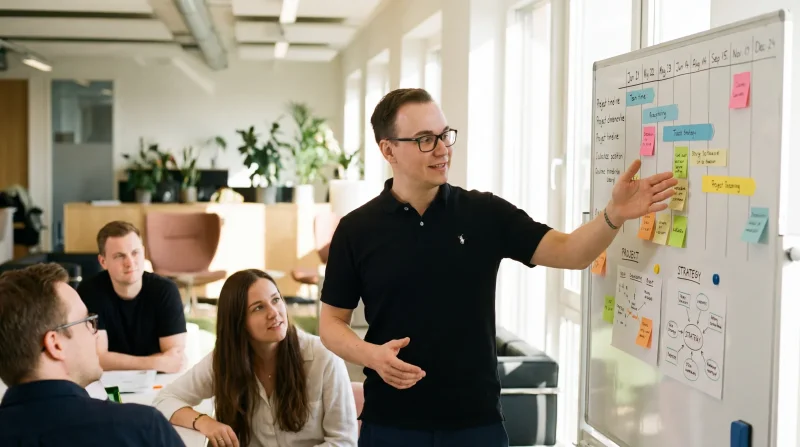 Kleines Team bei der Projektplanung mit Whiteboard und Sticky Notes