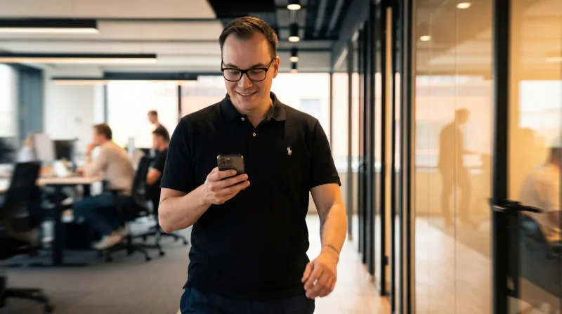 Geschäftsperson prüft Apps auf dem Smartphone im Bürokorridor