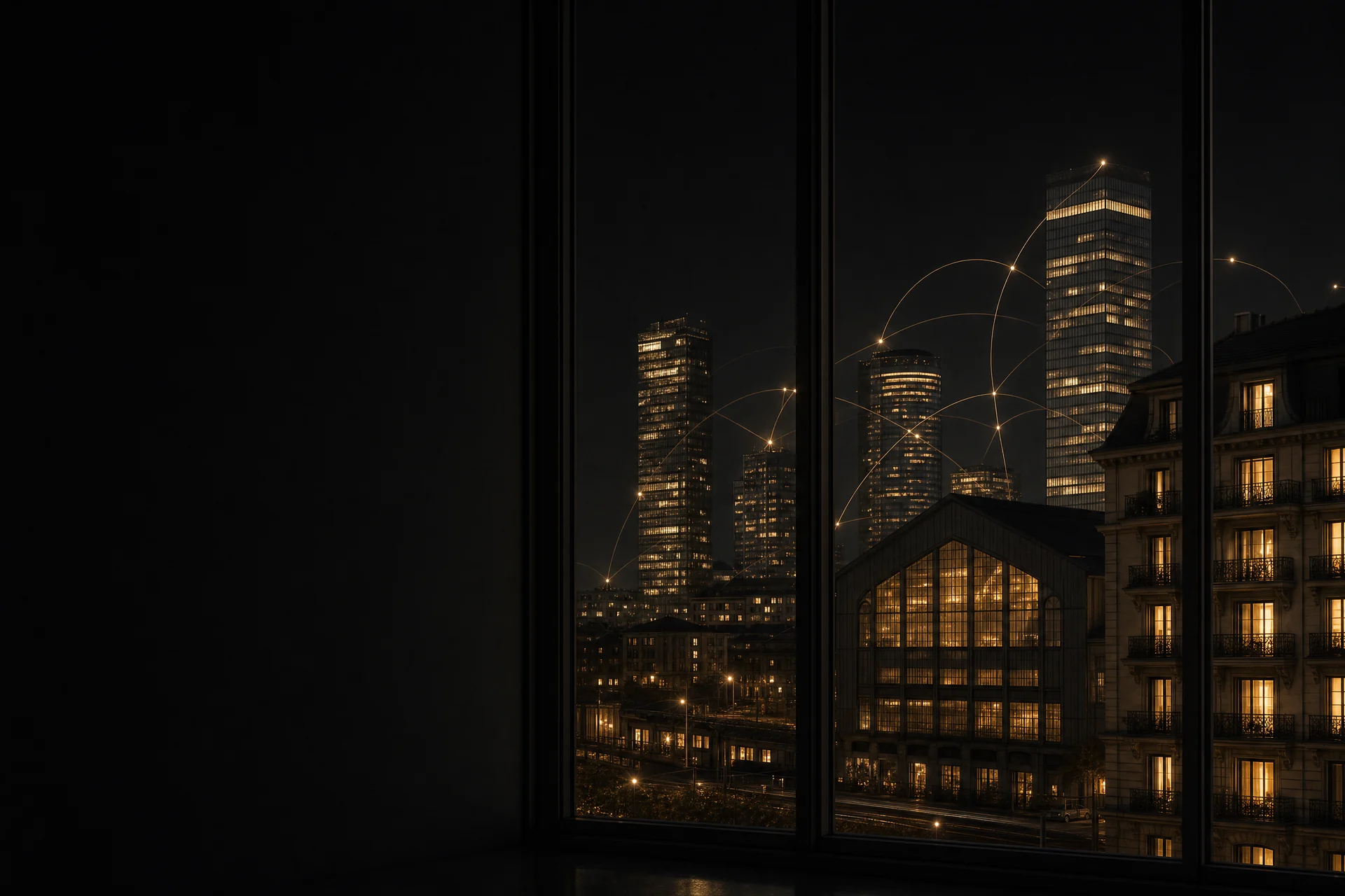 Skyline verschiedener Branchen bei Nacht, verbunden durch goldene Datenlinien