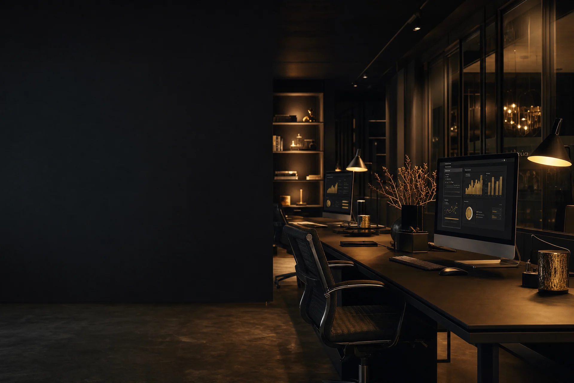 Dunkles Agentur-Office am Abend, Bildschirme mit Kampagnen-Dashboards und warmen goldenen Lichtakzenten
