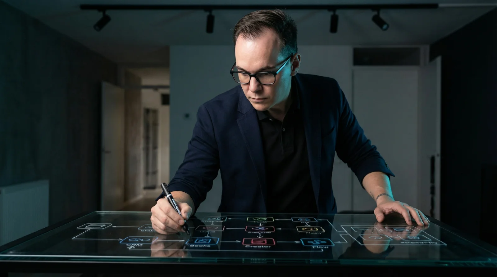 Denny Weber zeichnet Zoho-Workflows auf einem Glasboard