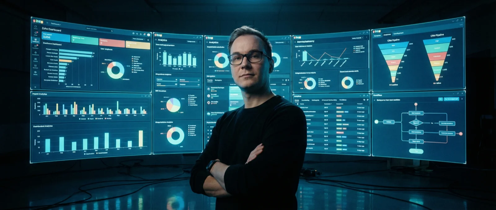 Denny Weber, Gründer von Weber - Digital Consulting, vor einer Wand aus Zoho-Dashboards