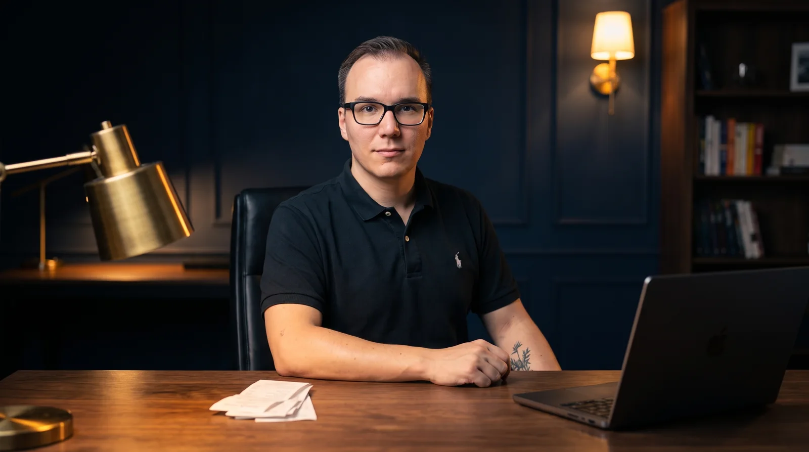 Denny Weber, Gründer von Weber - Digital Consulting, am Schreibtisch mit Belegen und Laptop