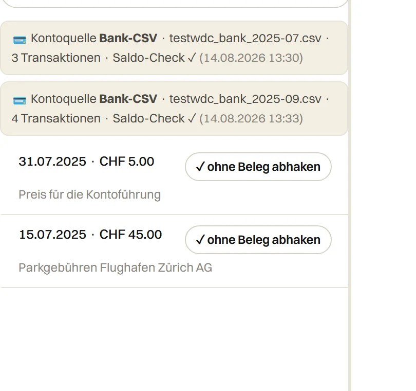 Liste der Zahlungen ohne Beleg mit Nachforderungs-Mail