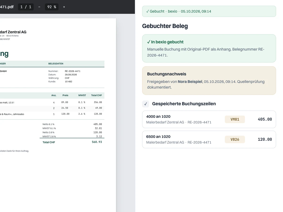 Gebuchter Beleg mit Buchungsnachweis und Buchungszeilen (Testdaten)