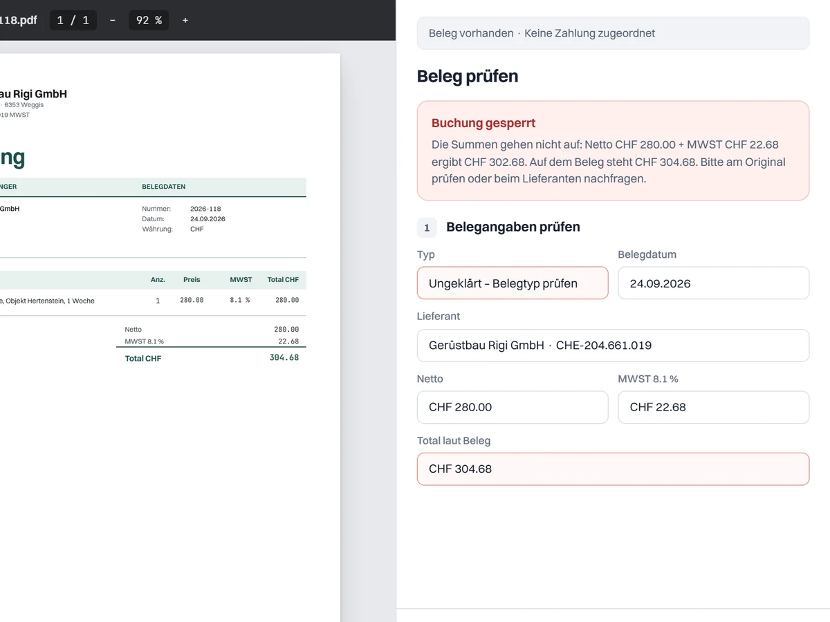 Buchung gesperrt: Netto plus MWST ergibt nicht das Total, der Grund steht im Klartext (Testdaten)
