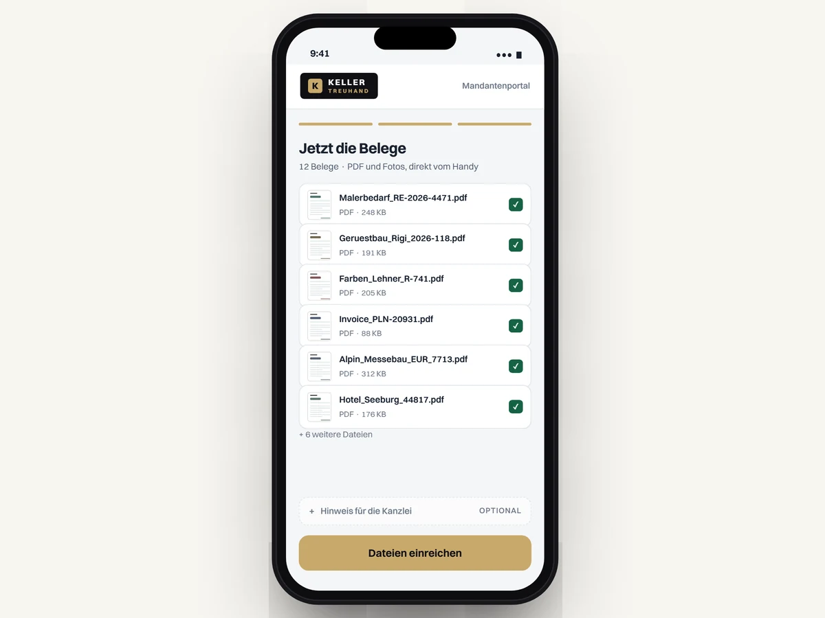 Mandantenportal auf dem Handy: Belege und Kontoauszug einreichen (Testdaten)