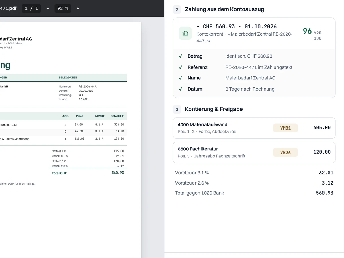 Prüfarbeitsplatz: gefundene Zahlung mit Begründung und Übereinstimmung (Testdaten)